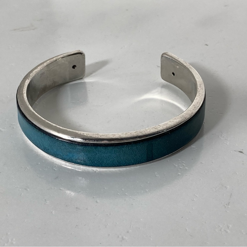 Teal Leather Inset Silver Cuff Bracelet